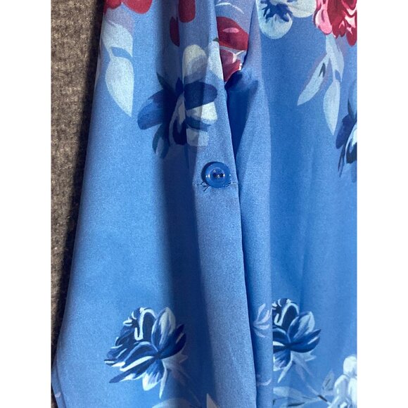 Floral Blue Half Button Roll Tab Sleeve Top Women  XXL - Picture 7 of 9